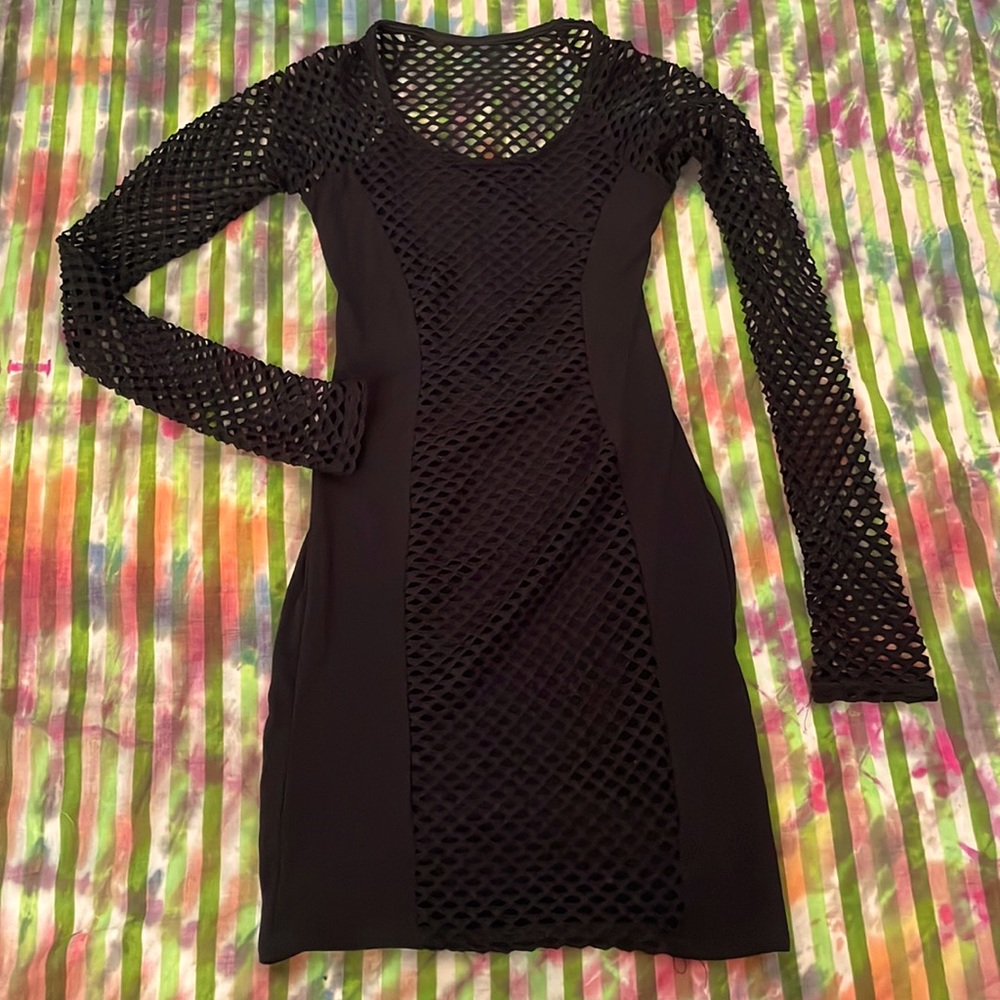 Black mesh net silky bodycon dress XS